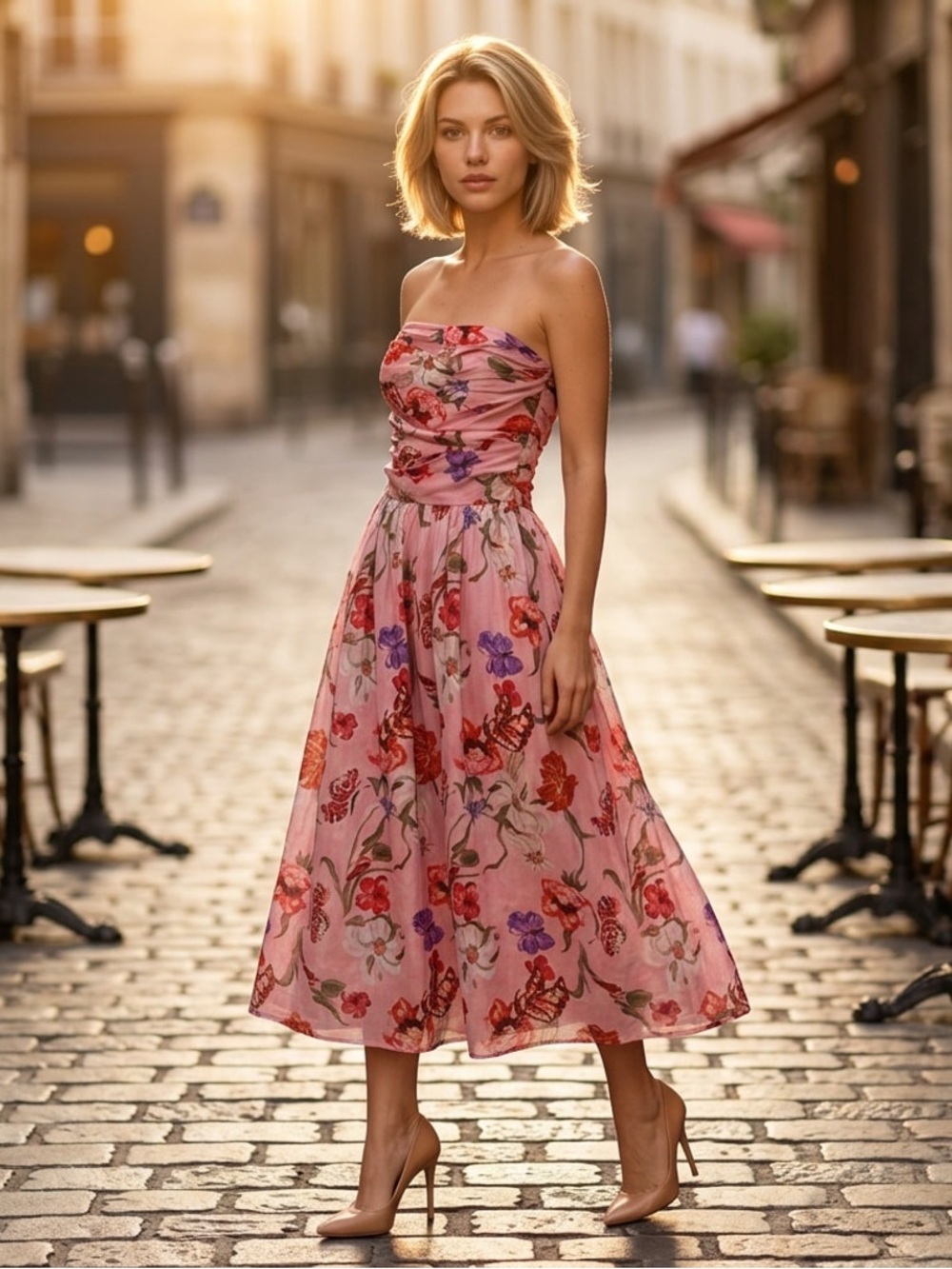 NWT En Saison Strapless Pink Floral Ruched Midi Dress Red & Purple Blooms Sz M